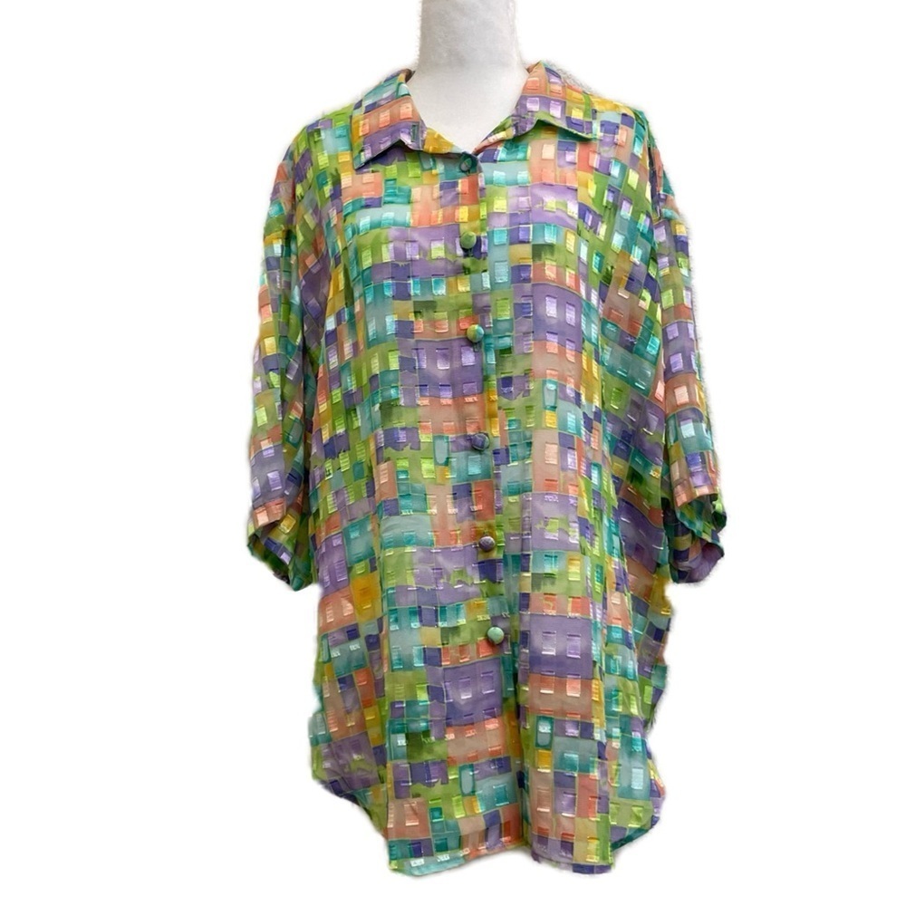 Melissa Robyn Vintage Colorful Metallic Semi Sheer Spring Button Up Shirt